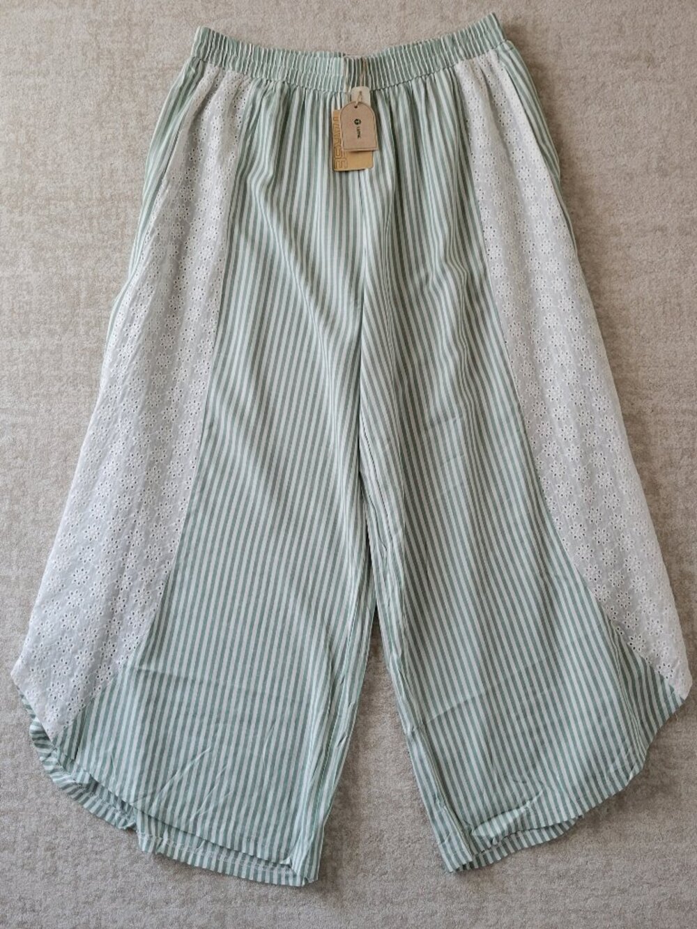 TARSE Green Striped Wide Leg Palazzo Pants Lace XL NWT Coastal Chic Resortwear